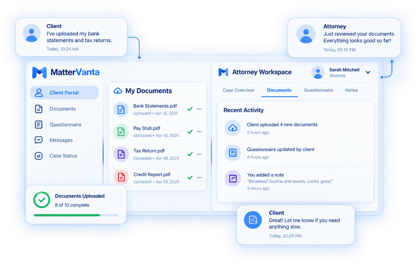 MatterVanta client portal and attorney workspace with secure chat collaboration
