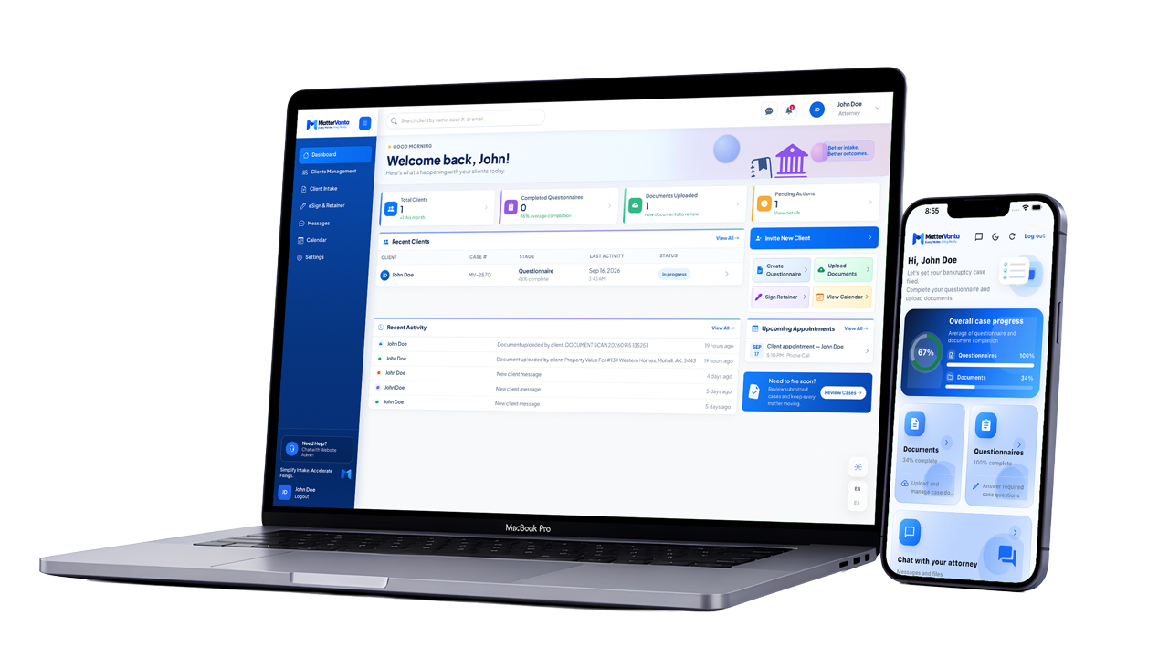 MatterVanta bankruptcy case-management dashboard on a laptop and mobile phone